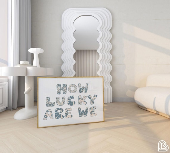 How Lucky Are We Retro Groovy Floral Lettering Blue Happy Poster