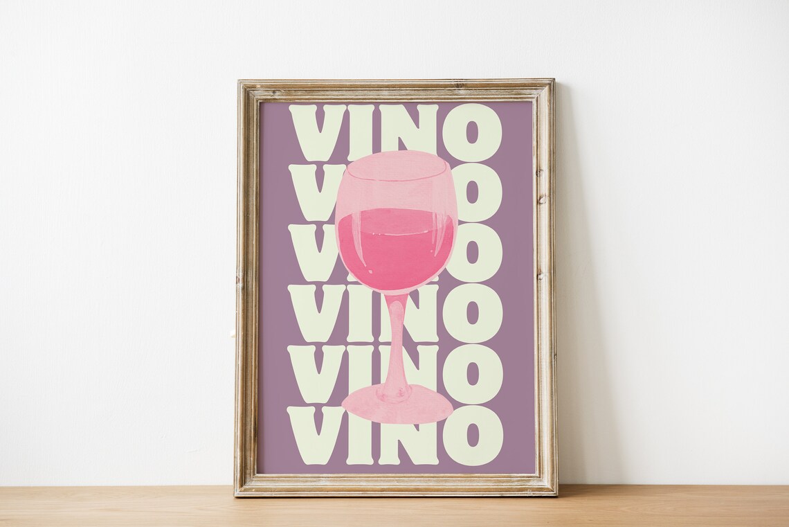 Vino Repeated Retro Type Pink Wine Glass Italian Purple Bar Poster - Image 2