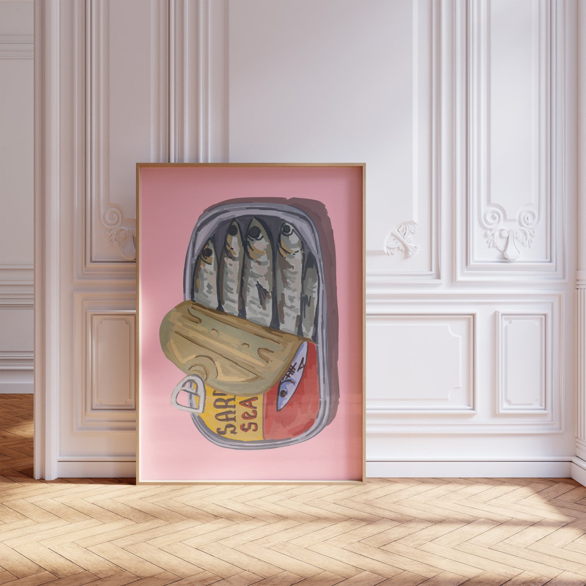 Sardine Tin Illustration Pink Background Seafood Kitchen Art Poster - Image 2