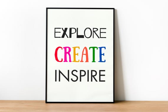 Explore Create Inspire Wall Art Colorful Inspirational Quote Decor Rainbow Typography Print For Home Or Office