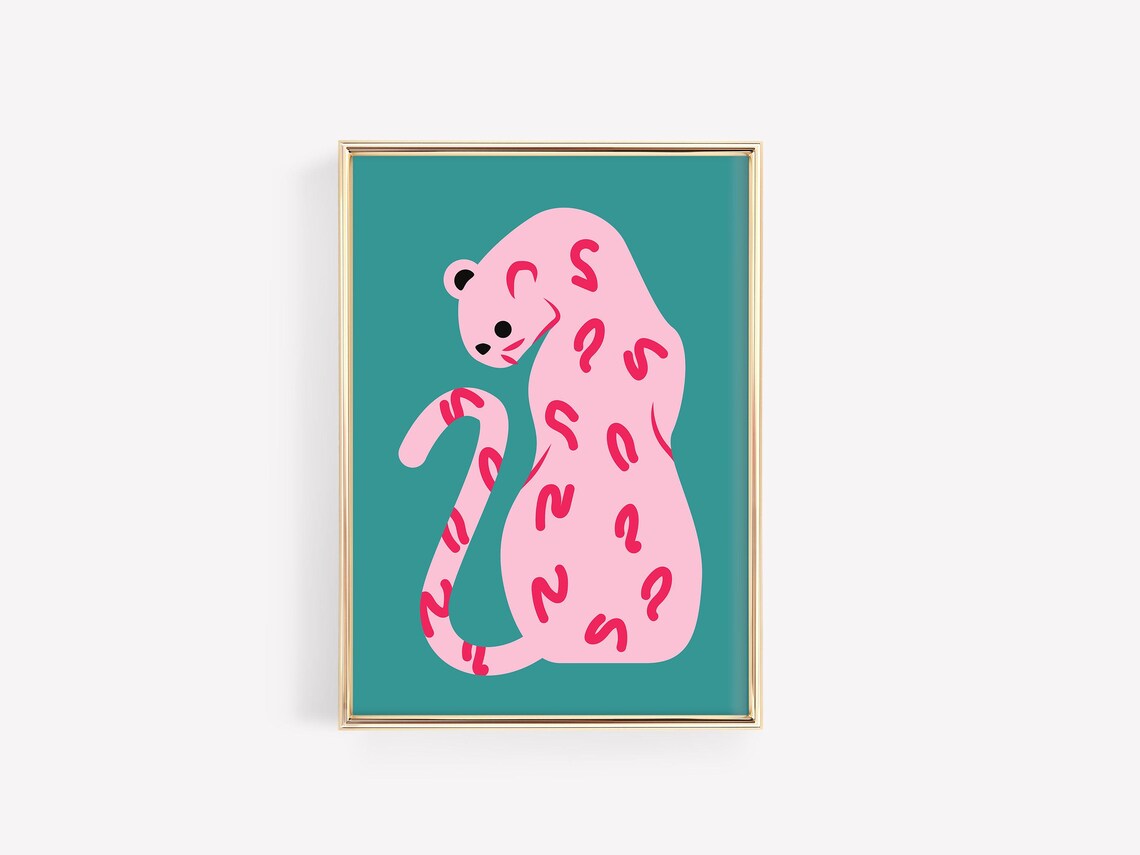 Pink Leopard On Teal Cute Jungle Cat Minimalist Decor Art Poster - Image 2