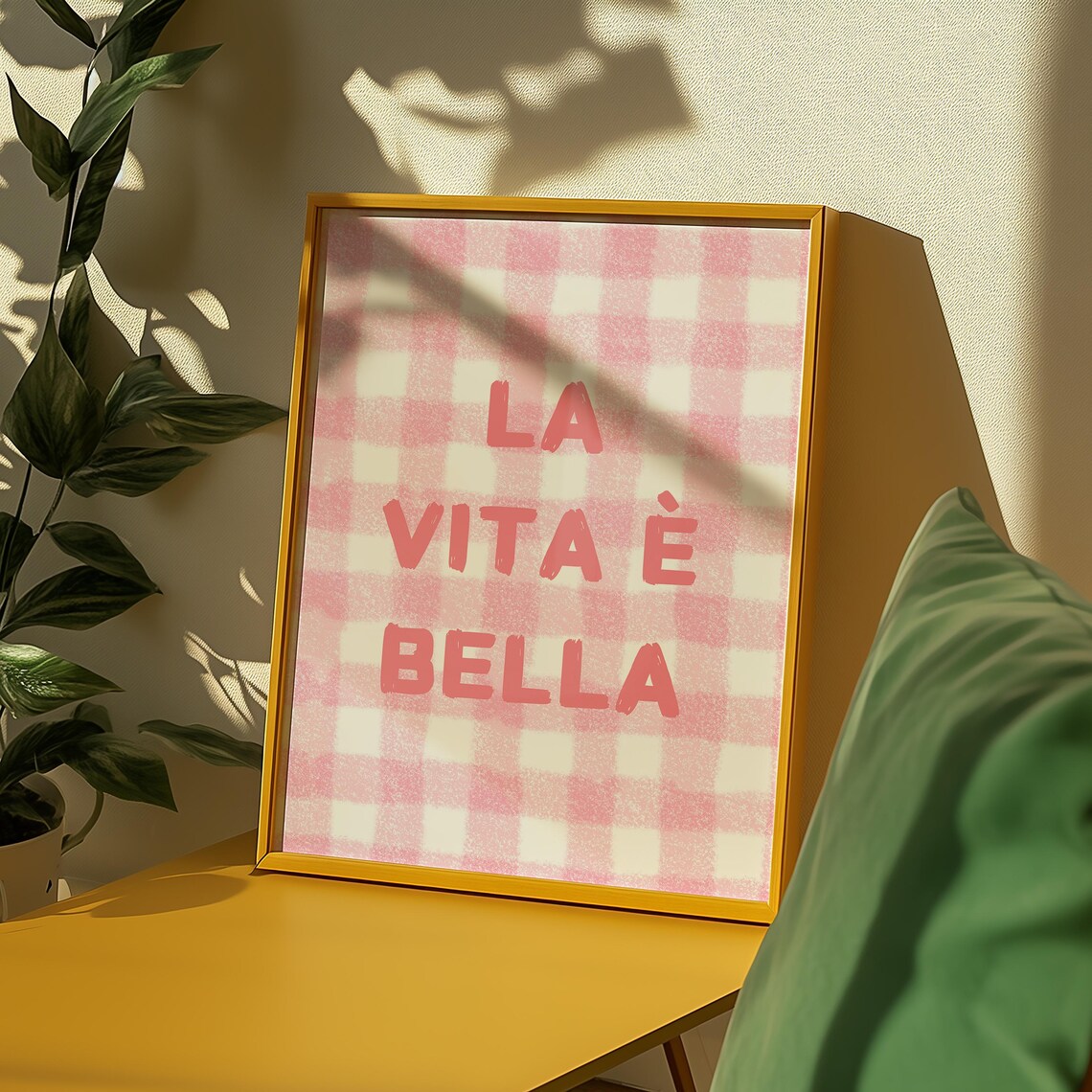 La Vita E Bella Pink Check Italian Quote Art Print - Image 2