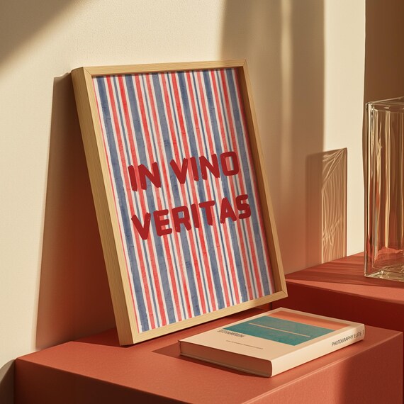 In Vino Veritas Red Blue Striped Watercolor Kitchen Wine Poster
