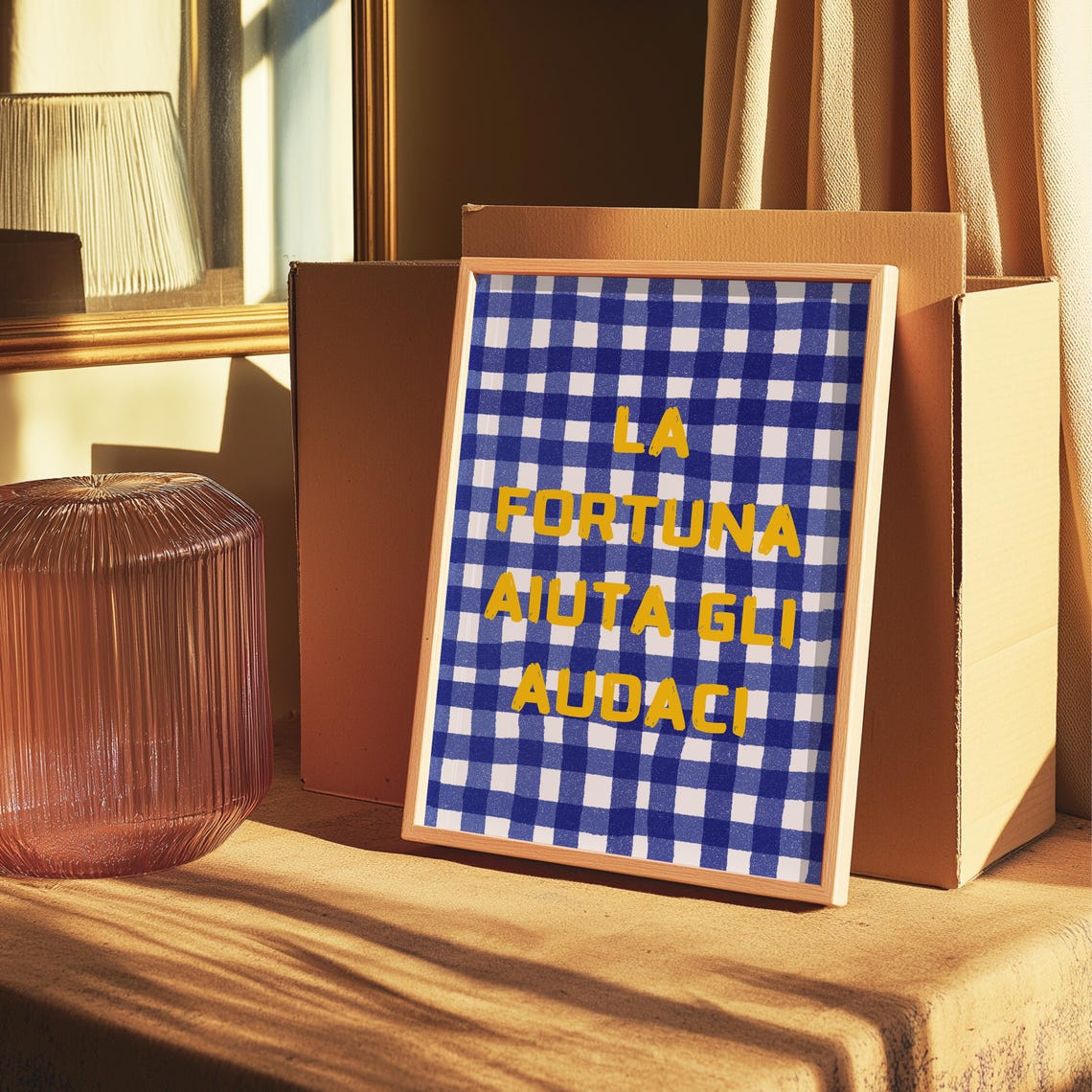 La Fortuna Aiuta Gli Audaci Italy Inspired Bold Blue Gingham Wall Art Decor Motivational Print Italian Lover Gift - Image 2