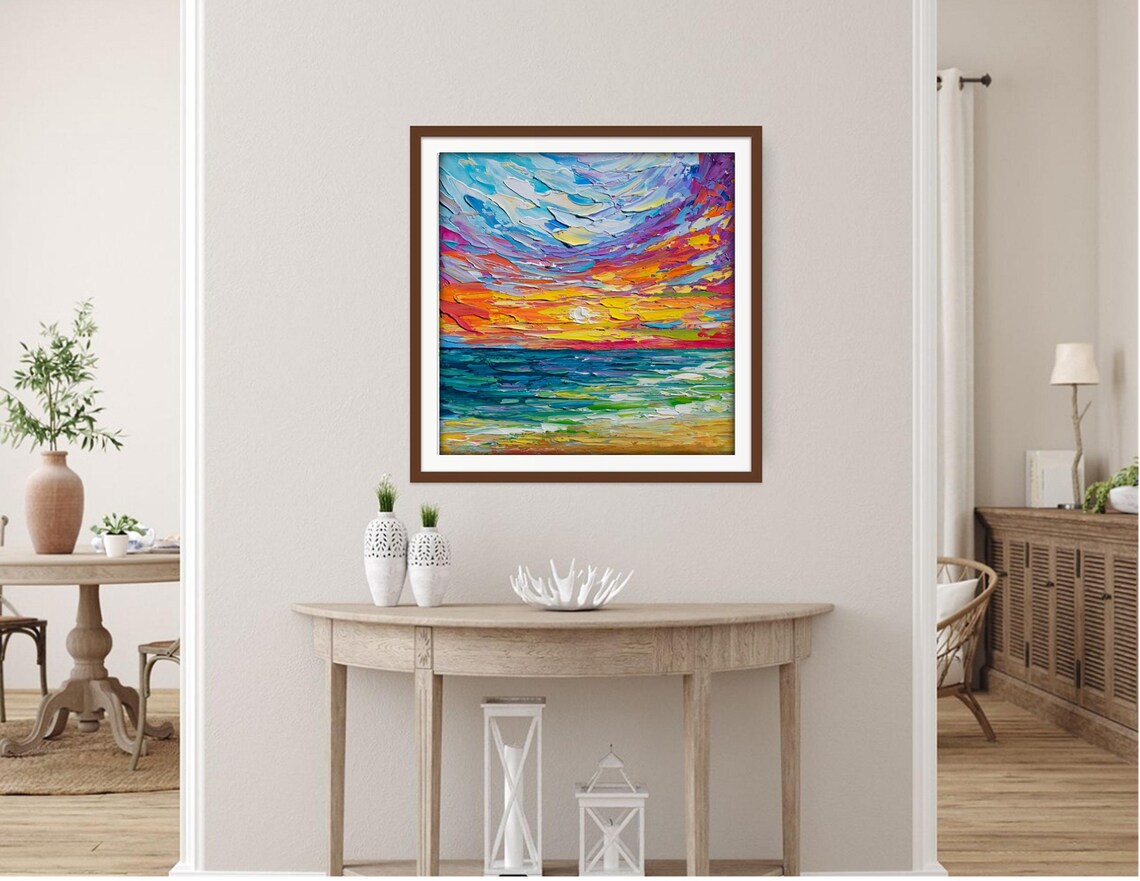Bright Sunset Painting Beach Seascape Orange Yellow Teal Impasto Poster - Image 2
