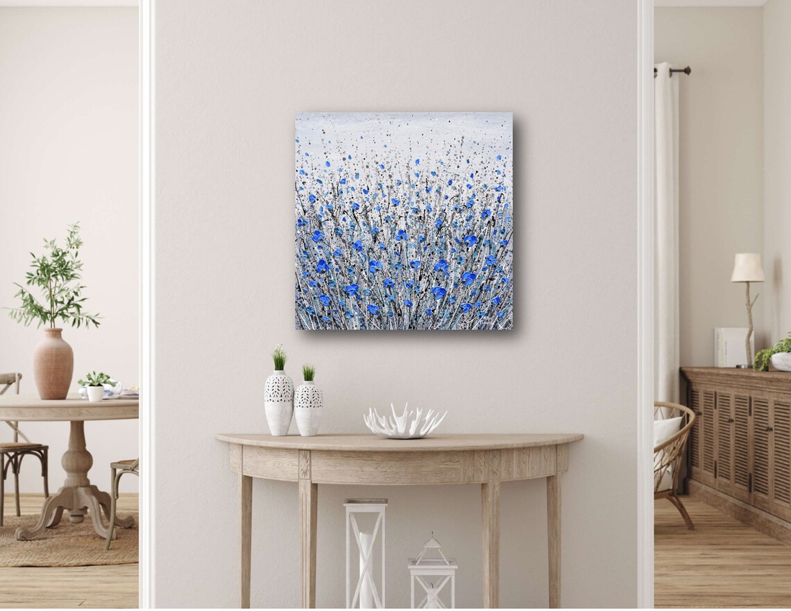Blue Flowers on Gray Abstract Floral Art Print - Image 2