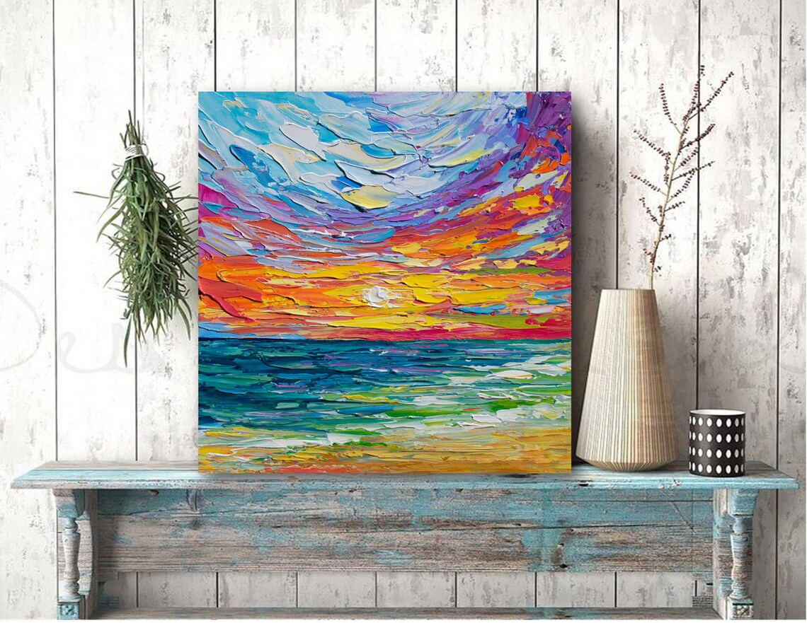 Bright Sunset Painting Beach Seascape Orange Yellow Teal Impasto Poster - Image 3