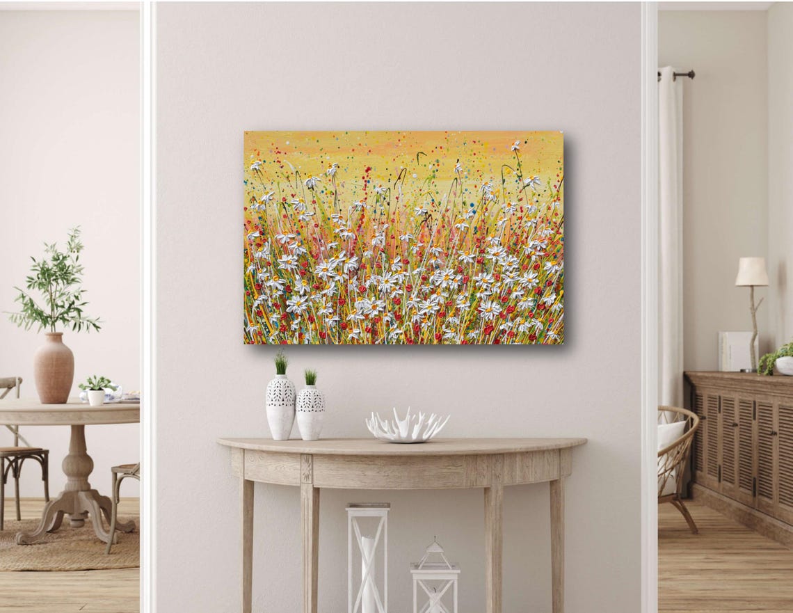 Daisy Field At Sunset Golden Sky Red Wildflower Meadow Art Print - Image 2