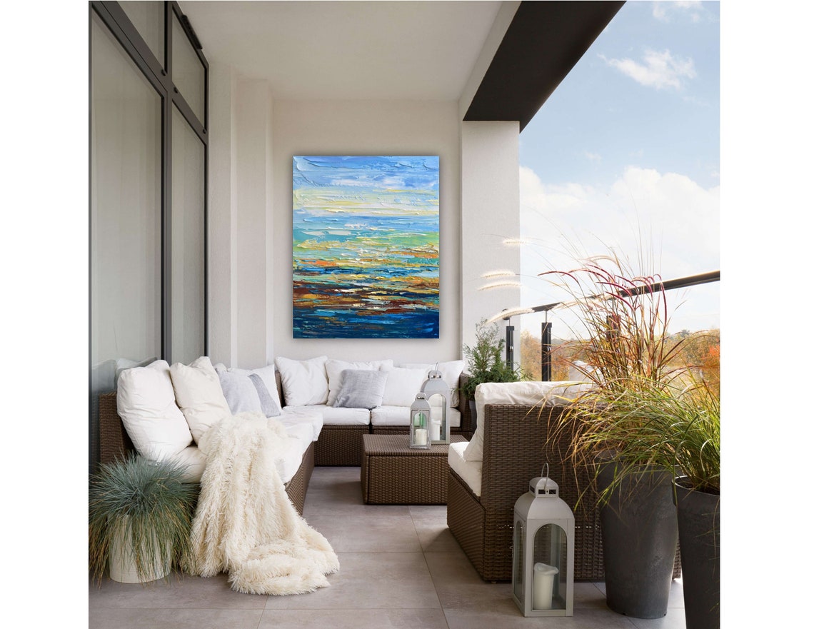 Abstract Sunrise Seascape Blue Teal Gold Horizon Palette Art Poster - Image 3