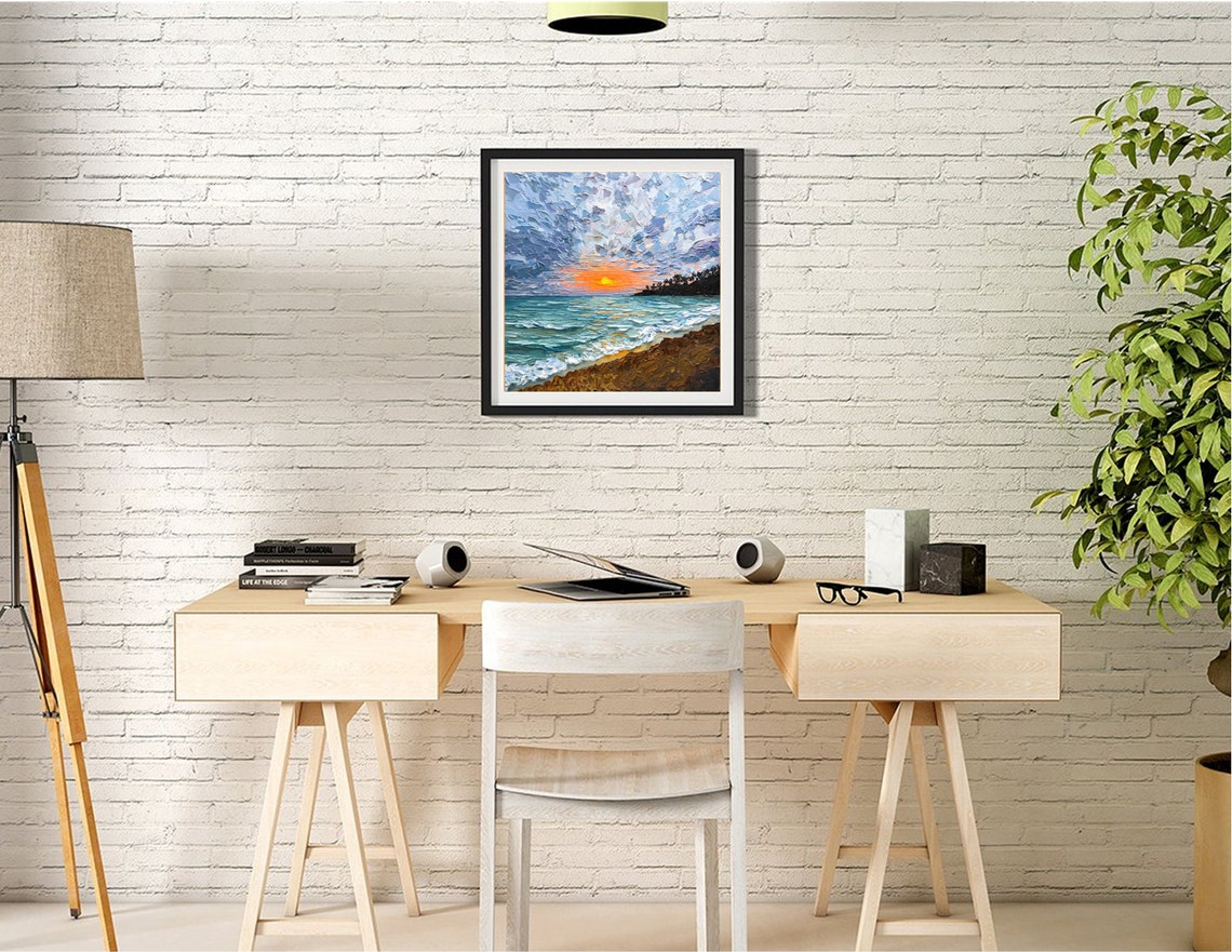 Beach Sunset Over Teal Ocean Cloudy Sky Foamy Waves Impasto Art Poster - Image 2