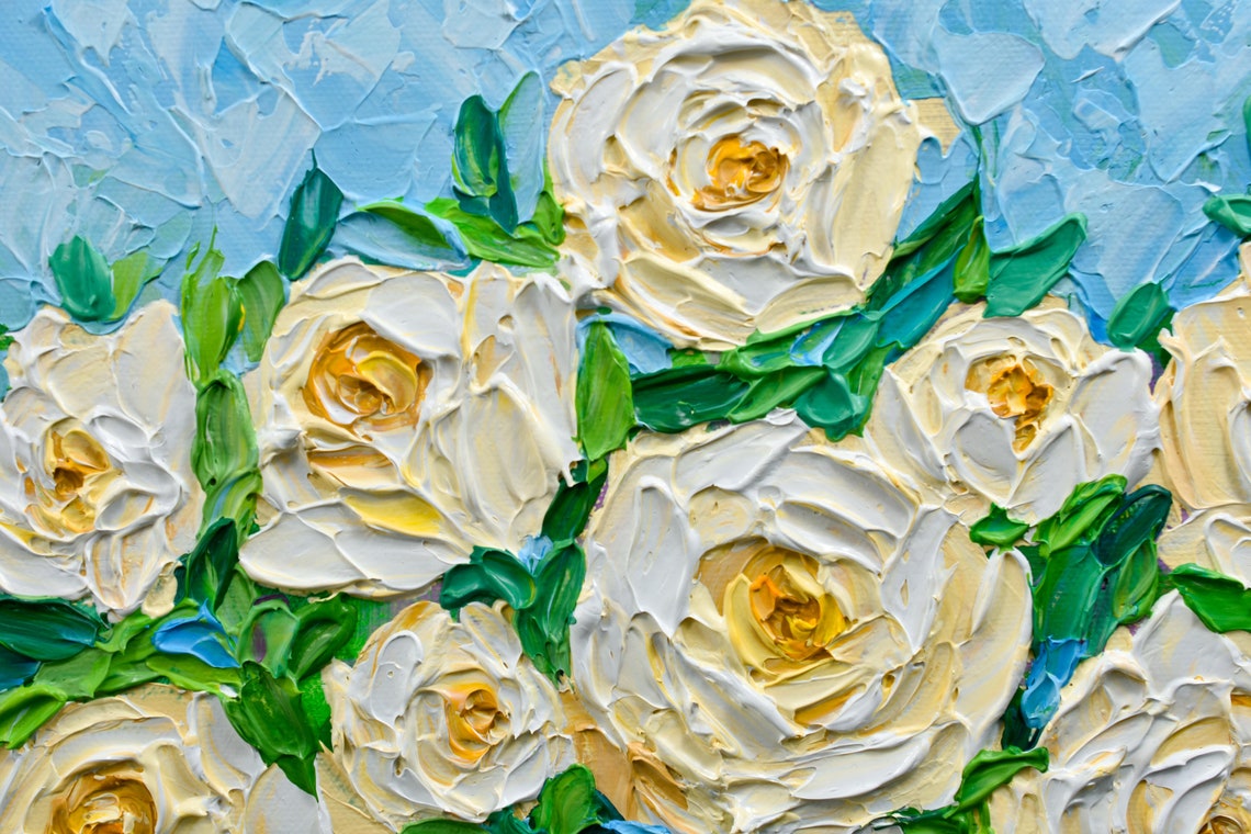 White Roses Painting Impasto Floral Cream Blooms Blue Sky Art Poster - Image 2