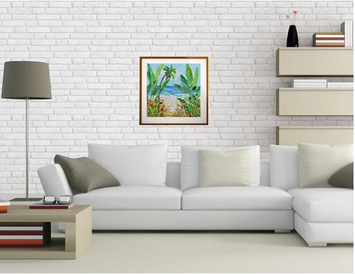 Coastal Print Beach Sand Palm Trees Wall Art Dcor Palette Knife Seascape Artwork Gift - Image 2