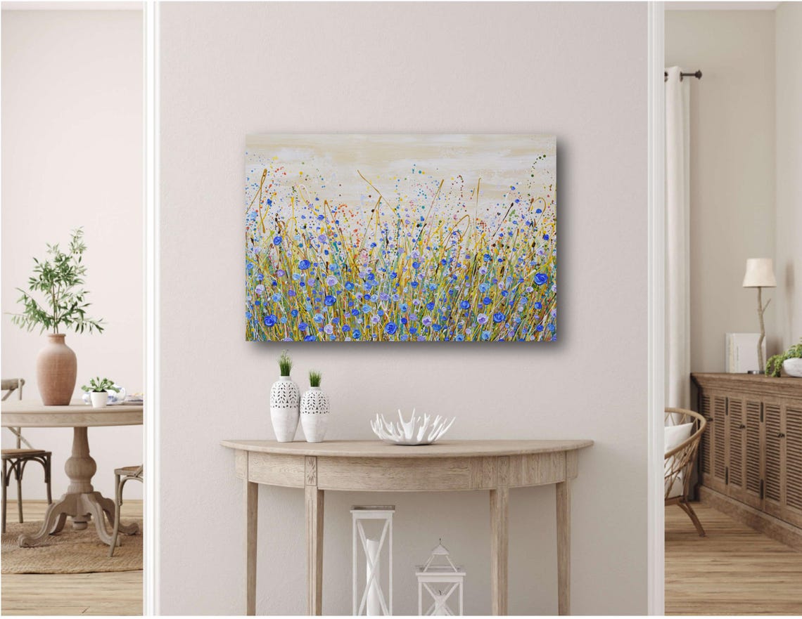 Blue Purple Wildflower Field Cream Sky Beige Meadow Impasto Art Print - Image 3