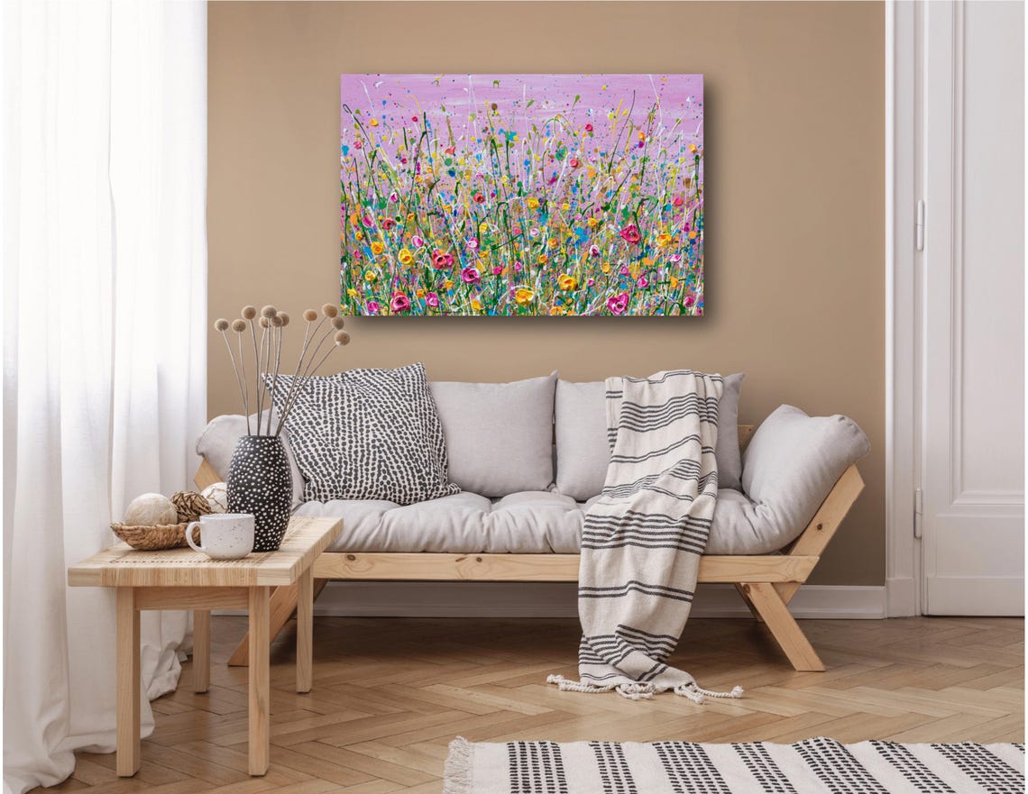 Pink Wildflower Field Magenta Sky Yellow Blooms Impasto Art Print - Image 3