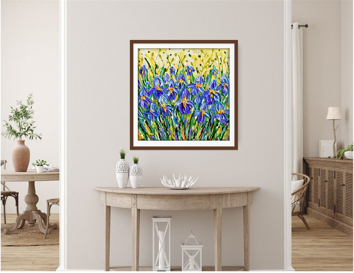 Purple Irises Painting Blue Flowers Yellow Field Impasto Art Poster - Image 3