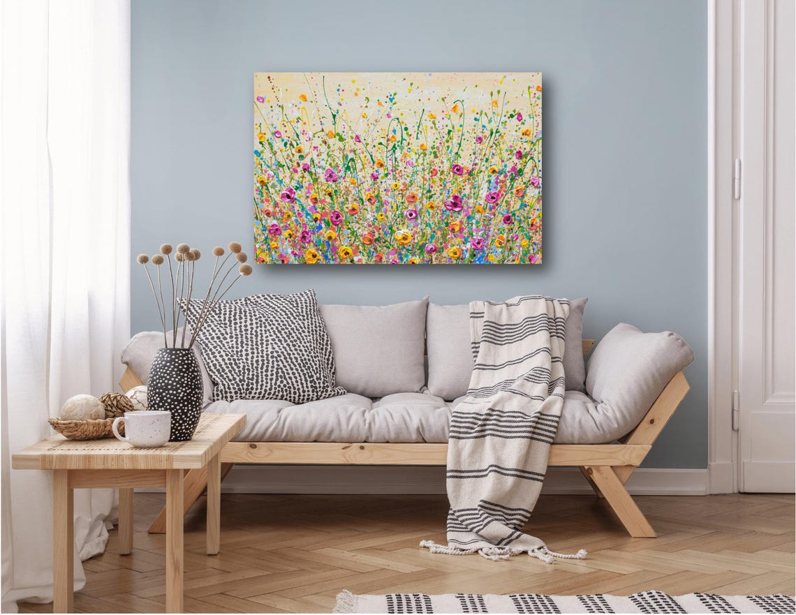Pink Yellow Wildflower Meadow Beige Sky Spring Impasto Art Print - Image 2