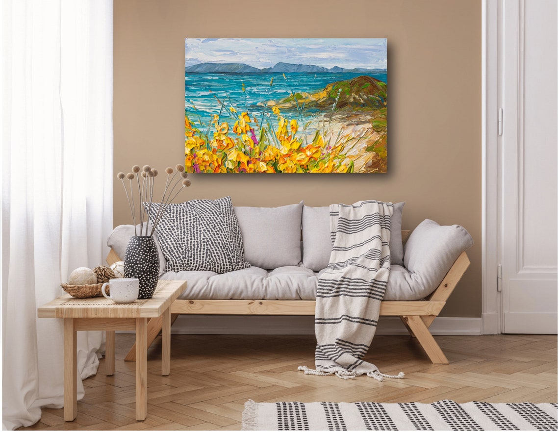 Yellow Wildflowers Turquoise Ocean Coast Mountain Beach Art Print - Image 2