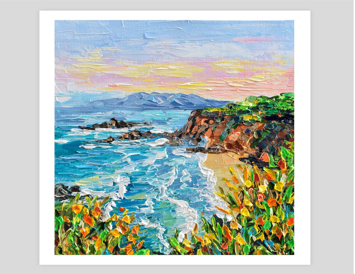 Rocky Coast Cliffs Ocean Waves Beach Impasto Seascape Painting Poster