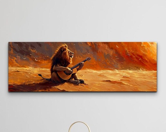 Lion Strumming Guitar In Blazing Orange Desert Sunset Panoramic Poster