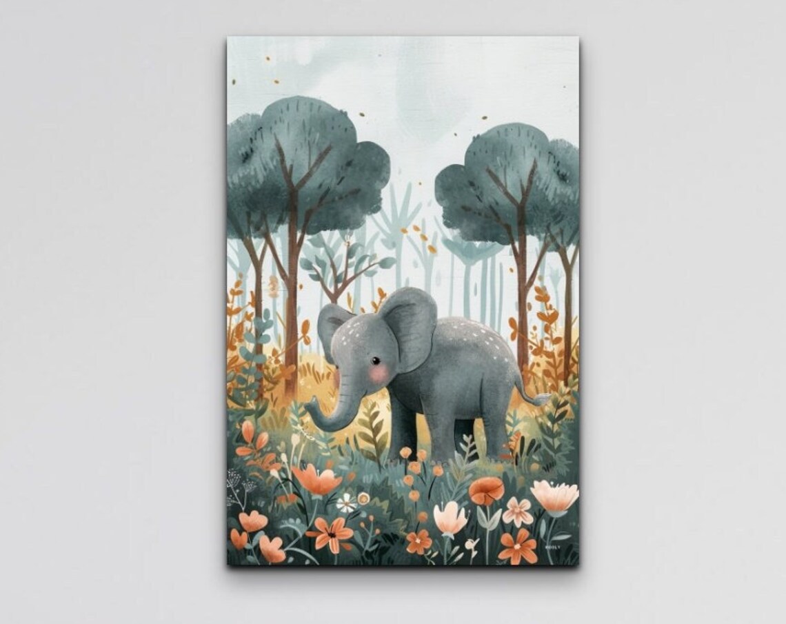 Cute Baby Elephant Watercolor Forest Nursery Kids Room Wall Art