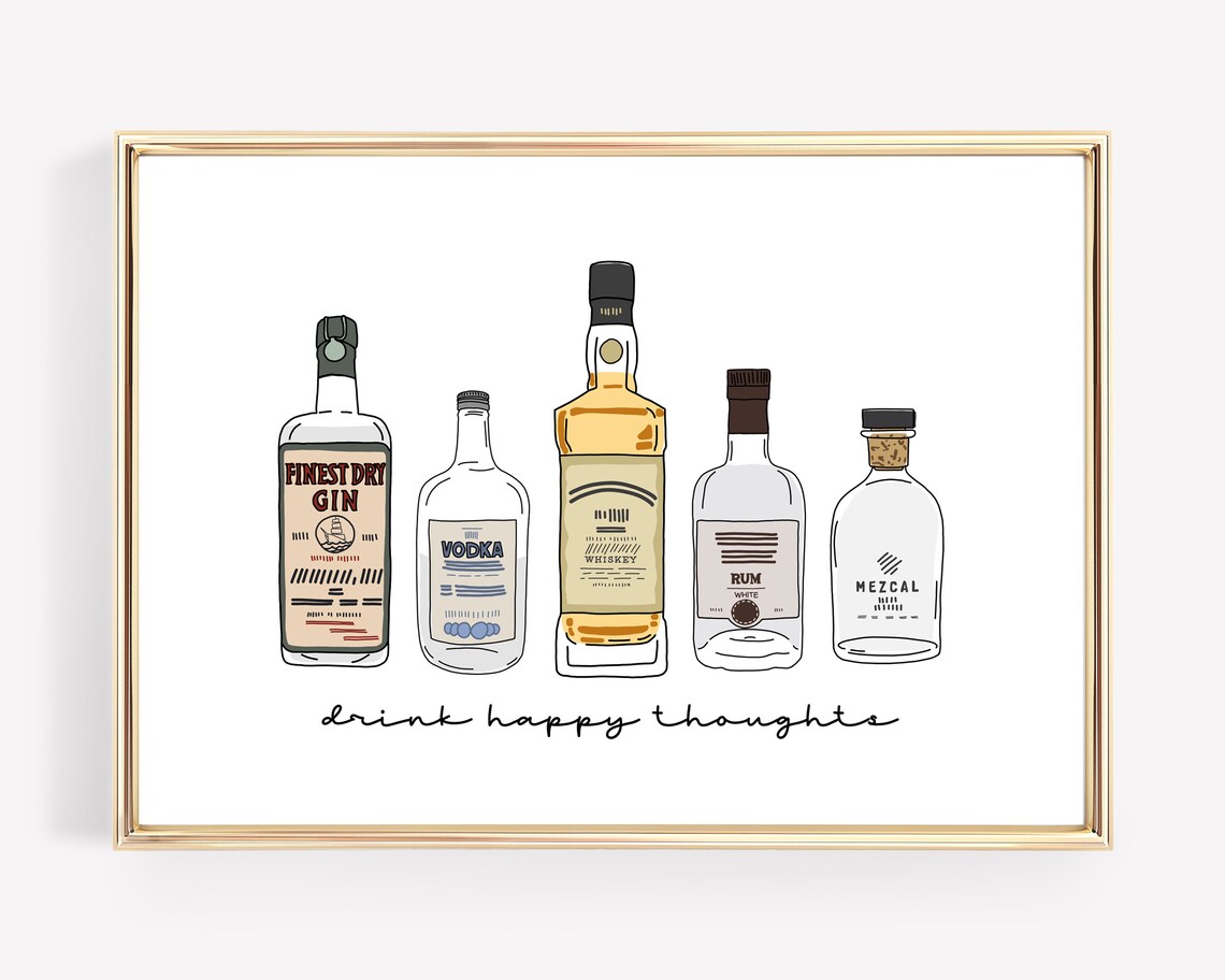 Drink Happy Thoughts Quote Print, Bar Cart Decor