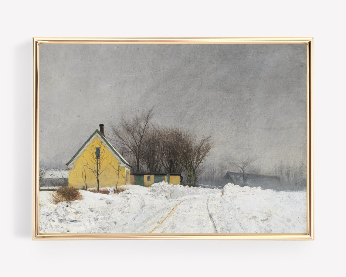 Yellow Farmhouse in Winter Snow Classic Vintage Landscape Art Print