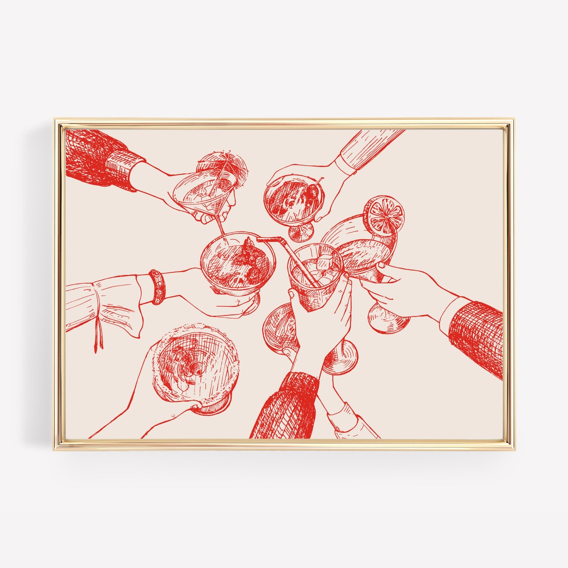 Cheers Red Sketch Cocktail Toast Bar Cart Kitchen Wall Decor Poster