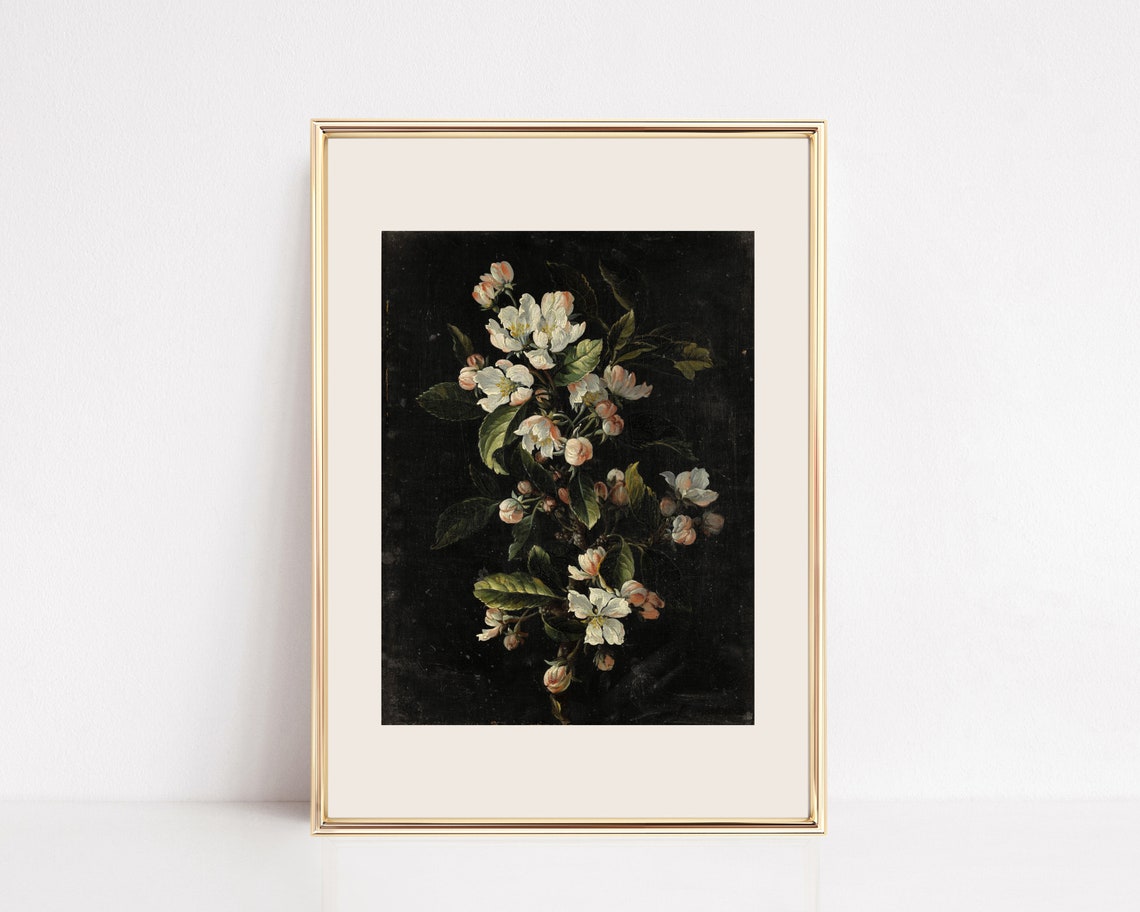 Moody Dark Botanical White Blossom Floral Still Life Art Poster