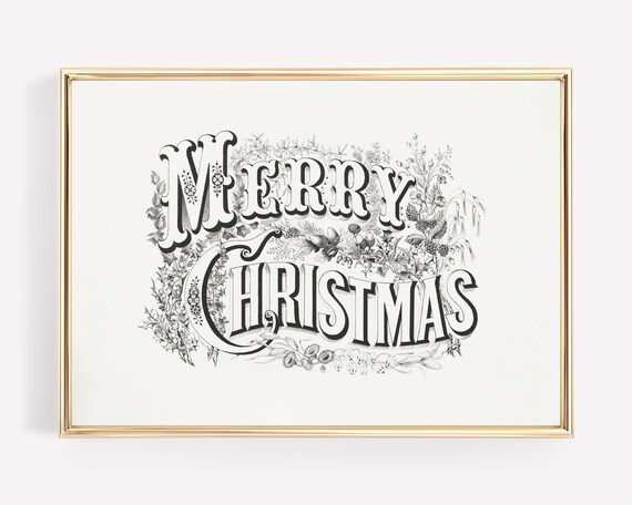 Merry Christmas Vintage Botanical Lettering Holiday Season Print