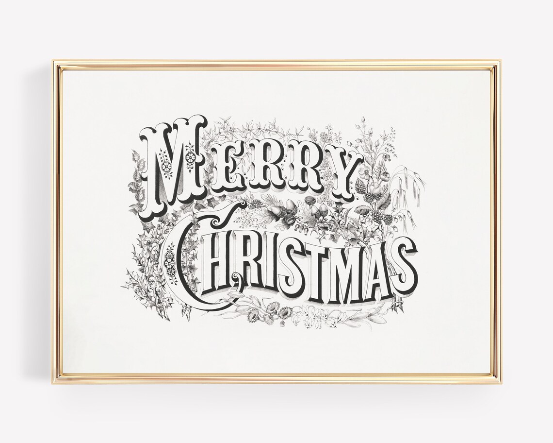 Merry Christmas Vintage Botanical Lettering Holiday Season Print