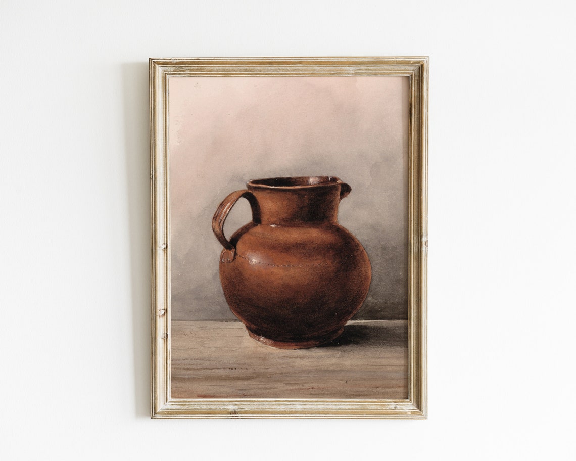 Moody Terracotta Jug Still Life Rustic Farmhouse Kitchen Print