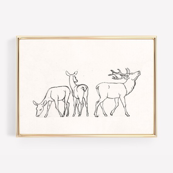 Minimalist Deer Line Drawing Stag and Does Wildlife Art Poster