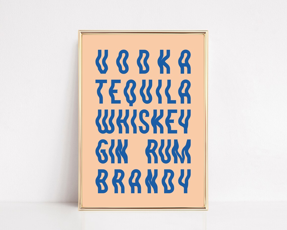 Vodka Tequila Whiskey Gin Rum Brandy Wavy Blue Text Retro Bar Cart Print