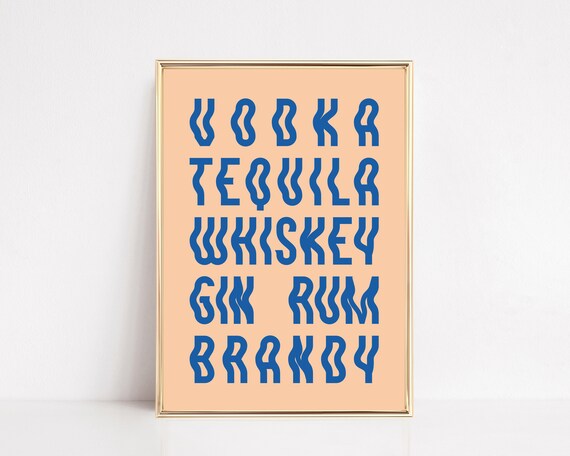 Vodka Tequila Whiskey Gin Rum Brandy Wavy Blue Text Retro Bar Cart Print