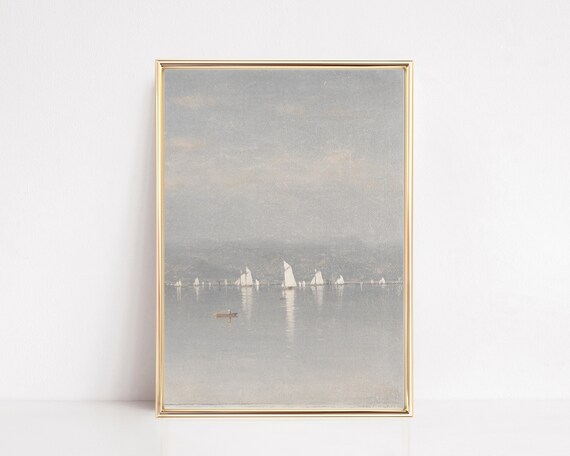 Vintage Misty Harbor Sailboats Classical Oil Painting Reproduction Poster