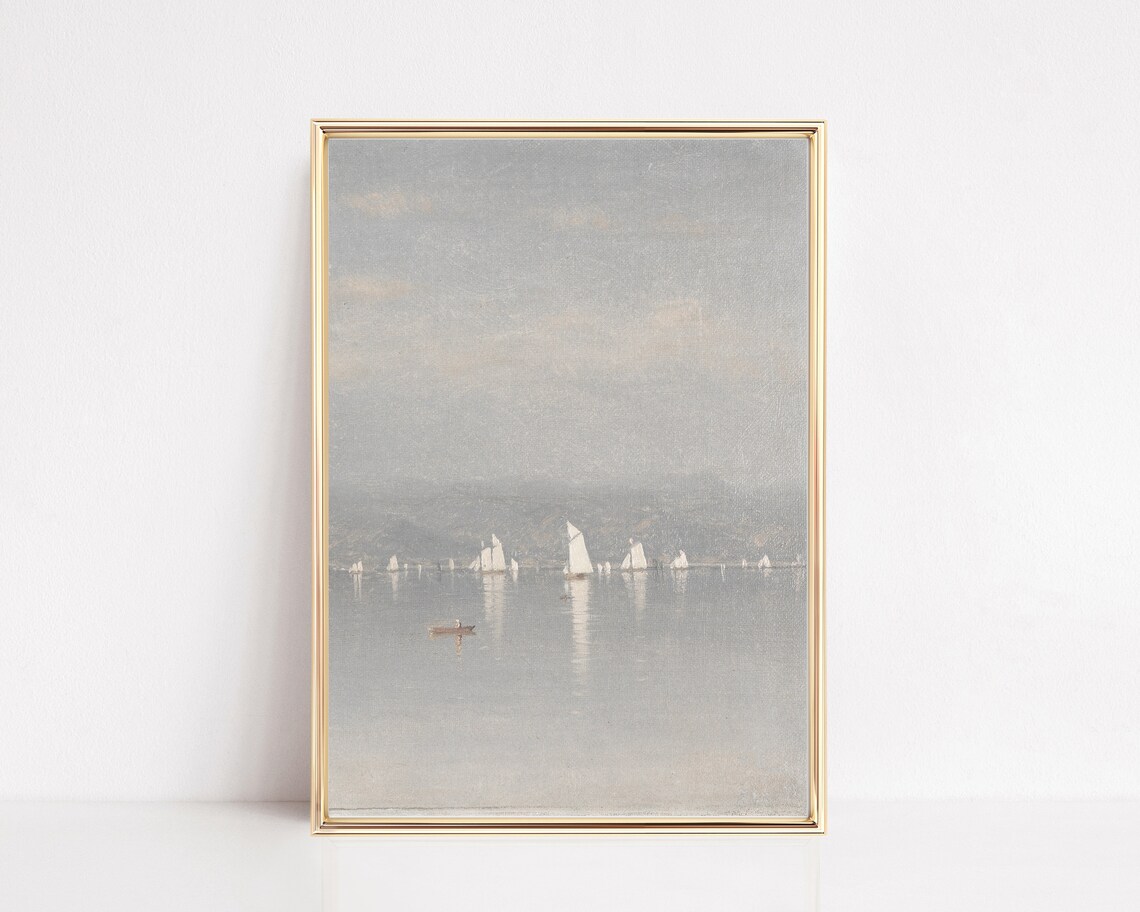 Vintage Misty Harbor Sailboats Classical Oil Painting Reproduction Poster
