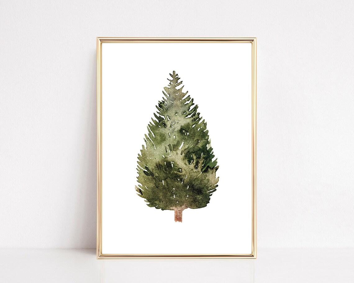 Minimalist Watercolor Pine Tree Christmas Print for Rustic Winter Wall Decor