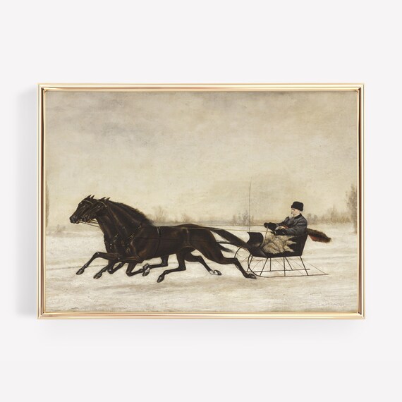 Vintage Horse Drawn Sleigh Snow Scene Classic Winter Art Poster