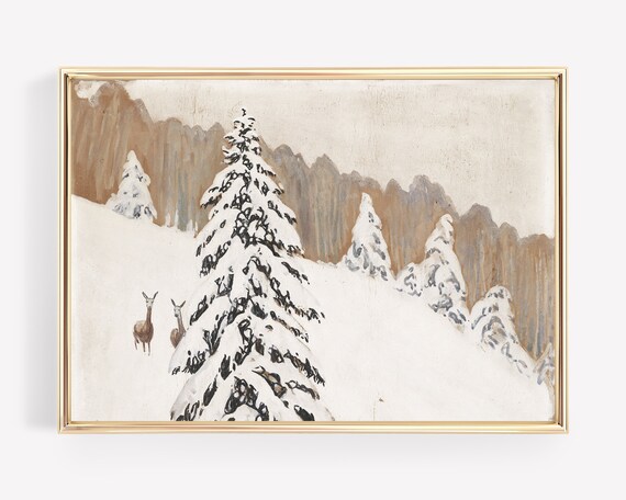 Snowy Alpine Mountains Fir Trees Deer Vintage Winter Scene Poster