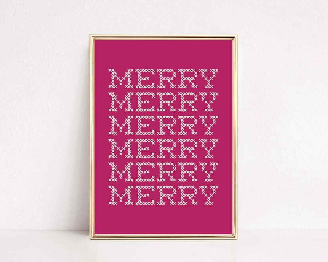 Merry Cross Stitch Hot Pink Christmas Typography Print for Bold Holiday Decor