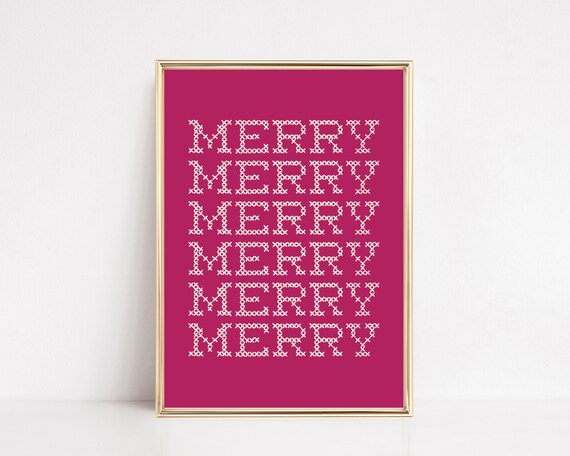 Merry Cross Stitch Hot Pink Christmas Typography Print for Bold Holiday Decor