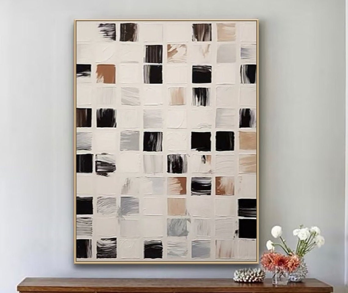 Neutral Grid Squares with Tan and Black Brushstrokes Modern Art Poster