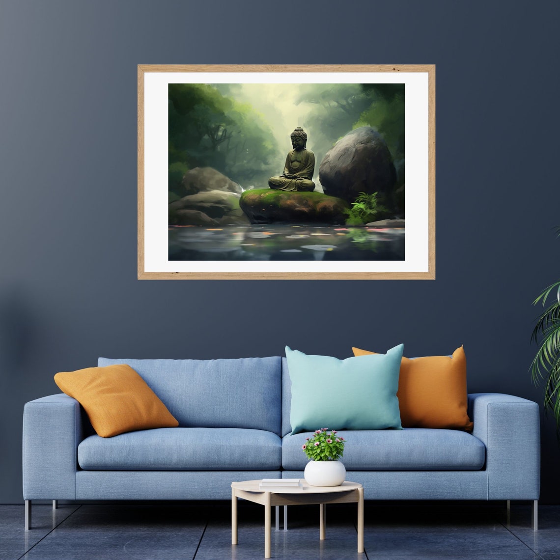 Buddha Meditating on a Mossy Rock by a Still Forest Pond Poster - Image 2