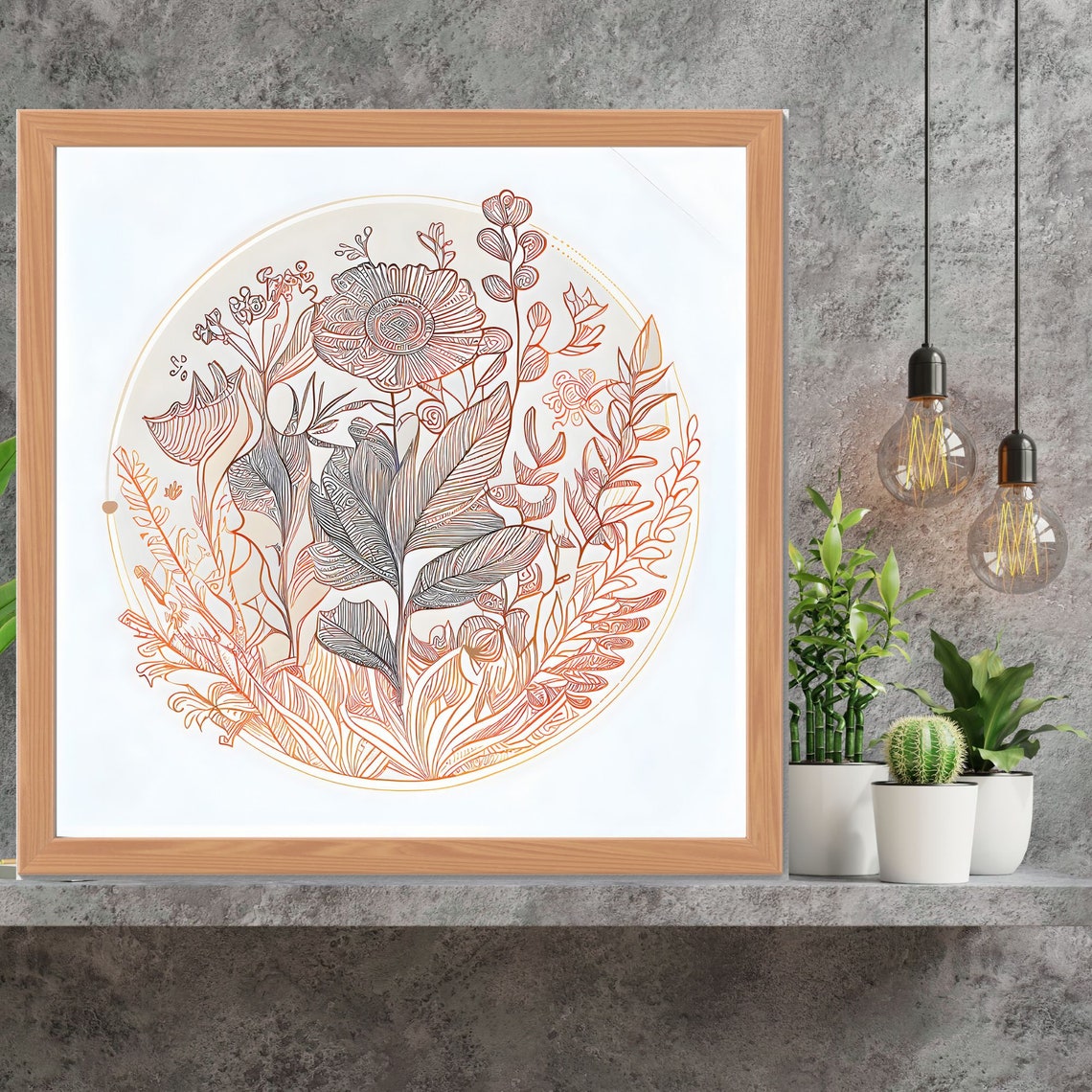 Copper Line Art Botanical Circle with a Large Statement Flower Poster