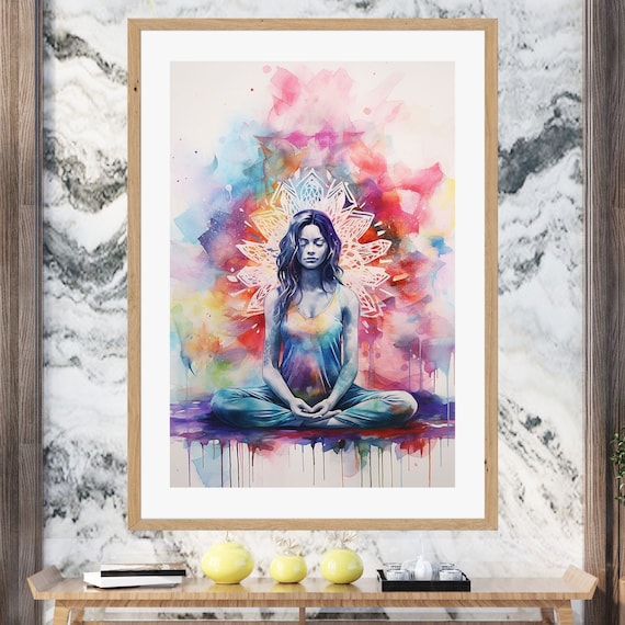 Woman Meditating Rainbow Chakra Aura Mandala Halo Vibrant Wall Art