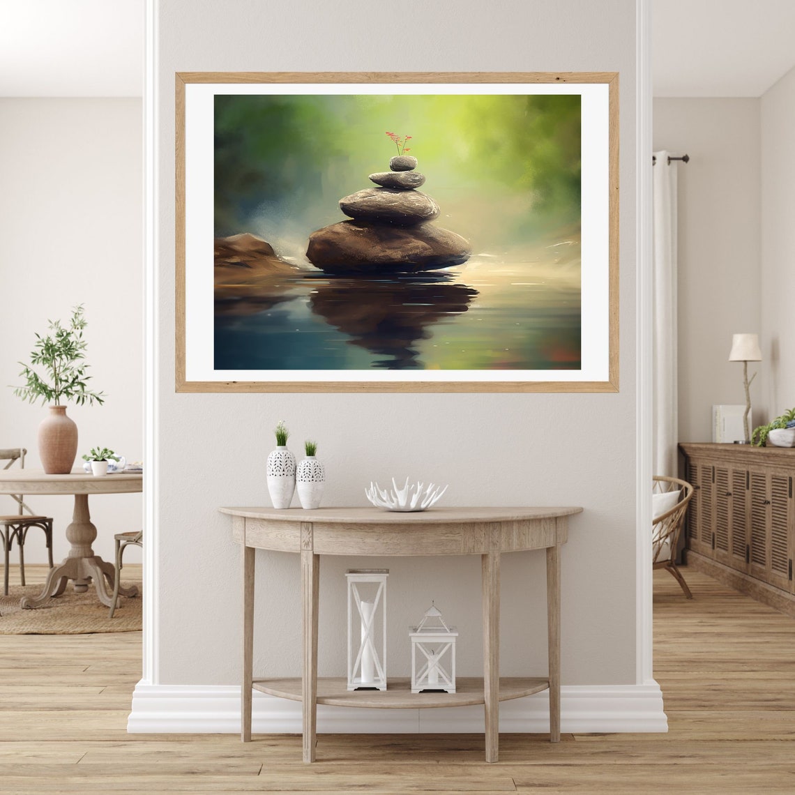 Balanced Zen Stones Cairn Rising from Still Forest Water Poster - Image 2