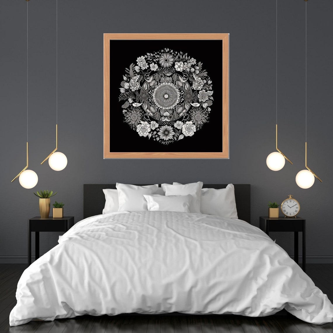 White Flower Mandala on Black Background Striking Bold Poster - Image 3