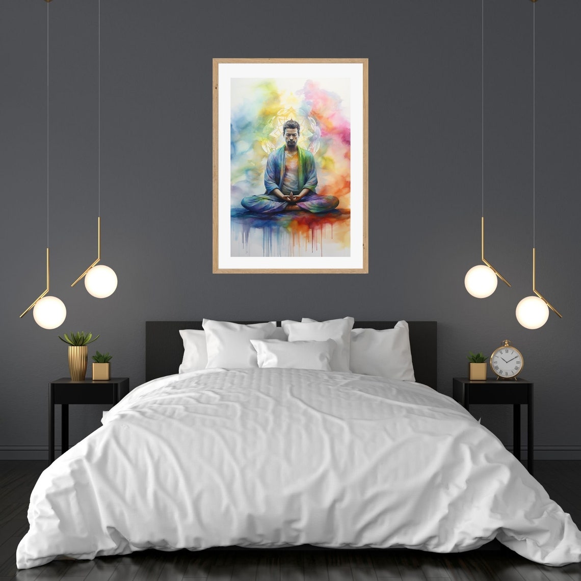 Meditating Man Rainbow Chakra Aura Watercolor Energy Wall Art - Image 3