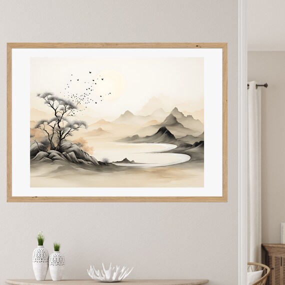 Misty Asian Ink Wash Landscape with Mountains and Lake Poster