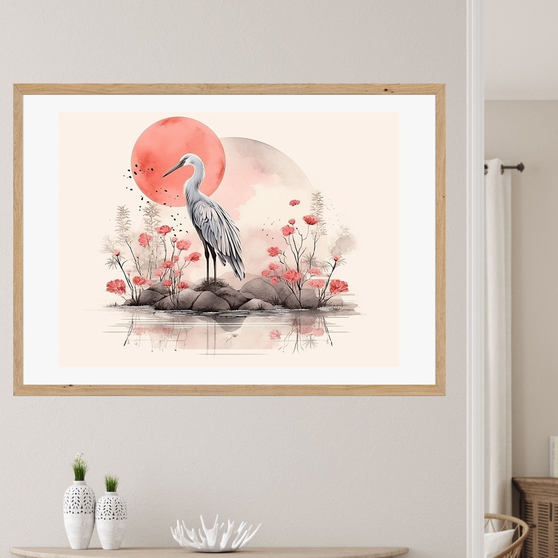 Crane Under Red Sun Pink Flowers Japanese Watercolor Wall Art